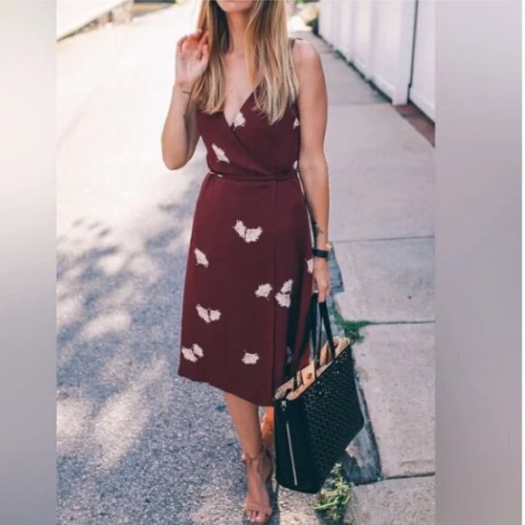 Ann Taylor Summer Blossom Oxblood Maroon Midi Tie Wrap Dress 2P - Picture 11 of 14